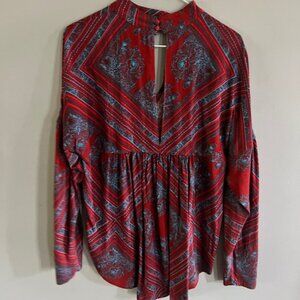 Free People Walking On A Dream Tunic Top Shirt Red Blue Combo S Keyhole